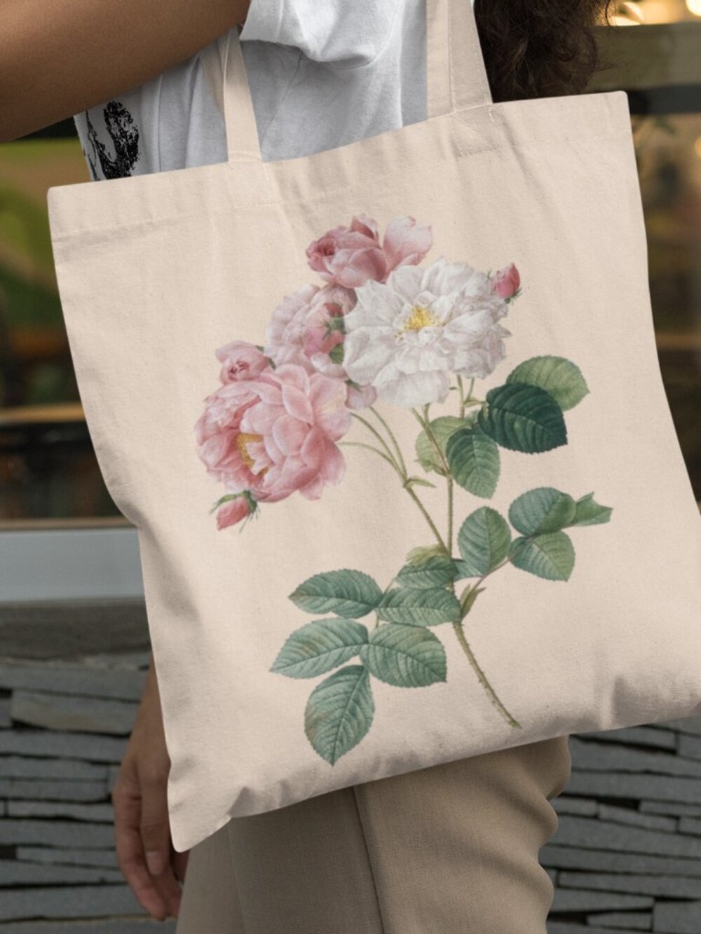 Cabbage Rose Vintage Floral Print Graphic Canvas Tote Bag